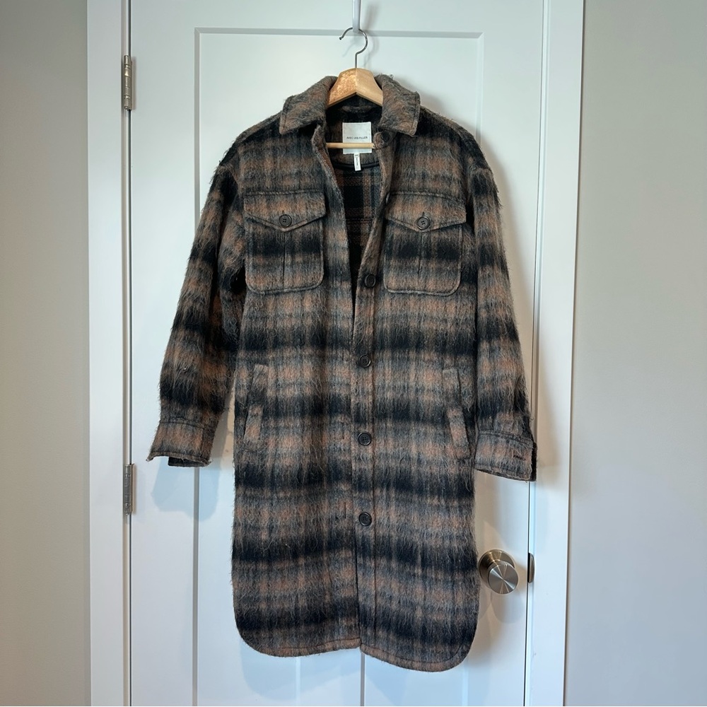 Avec Les Filles Brown Striped Plaid Long Buttoned Coat Size XXS Read Description